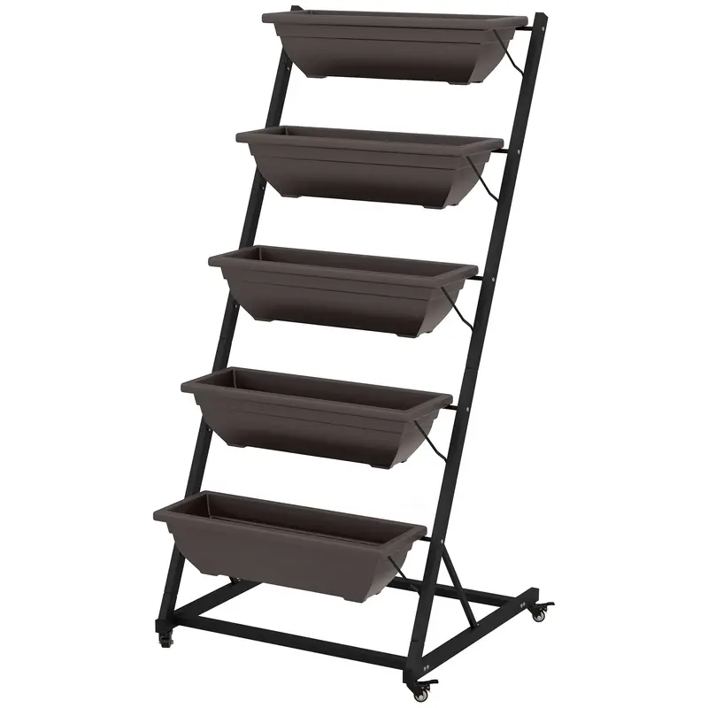 5-Tier Vertical Garden Bed With 5 Planters, Wheels And Drainage Holes, Brown 2