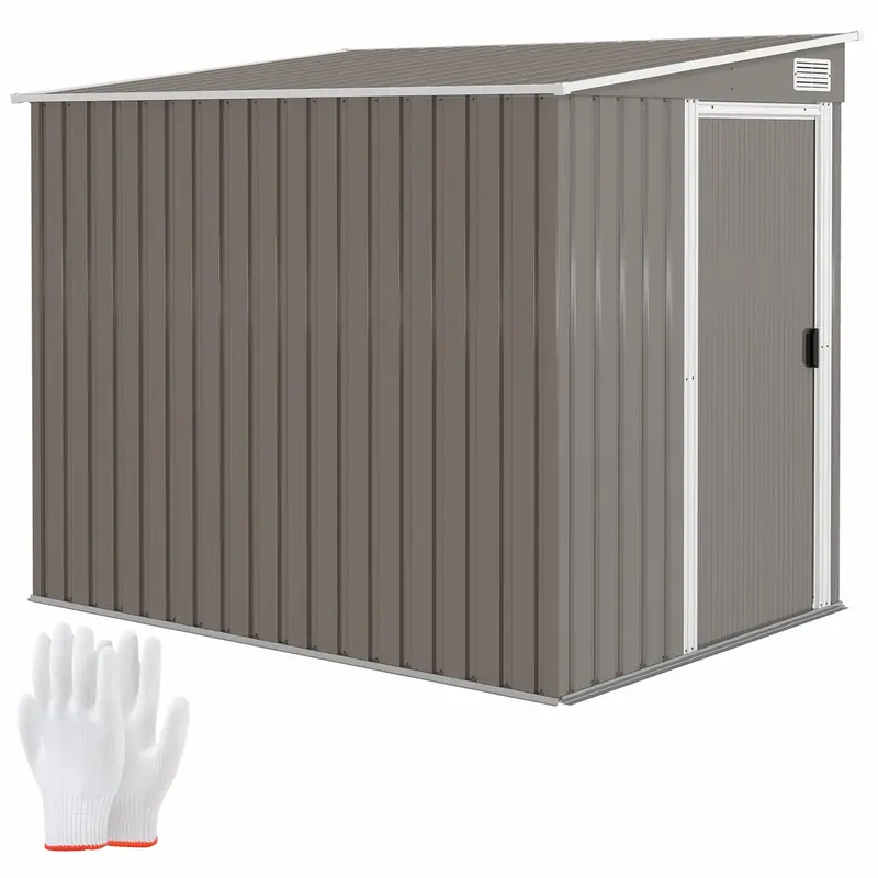 5' X 7' Lean-To Metal Shed With Sliding Door & Shelves, Light Grey 1