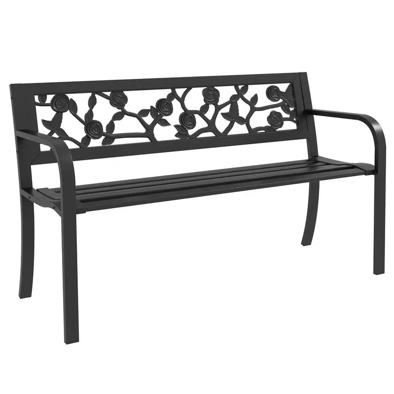 50" Outdoor Metal Frame Patio Loveseat W/ Floral Pattern Backrest & Cured Armrest, Black 1