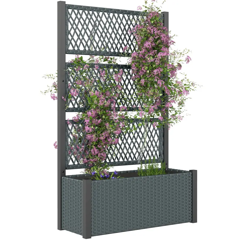 58" Wicker Outdoor Planter With Trellis And Privacy Screen, Dark Grey 1