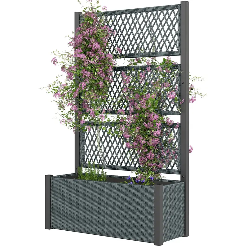 58" Wicker Outdoor Planter With Trellis And Privacy Screen, Dark Grey 2