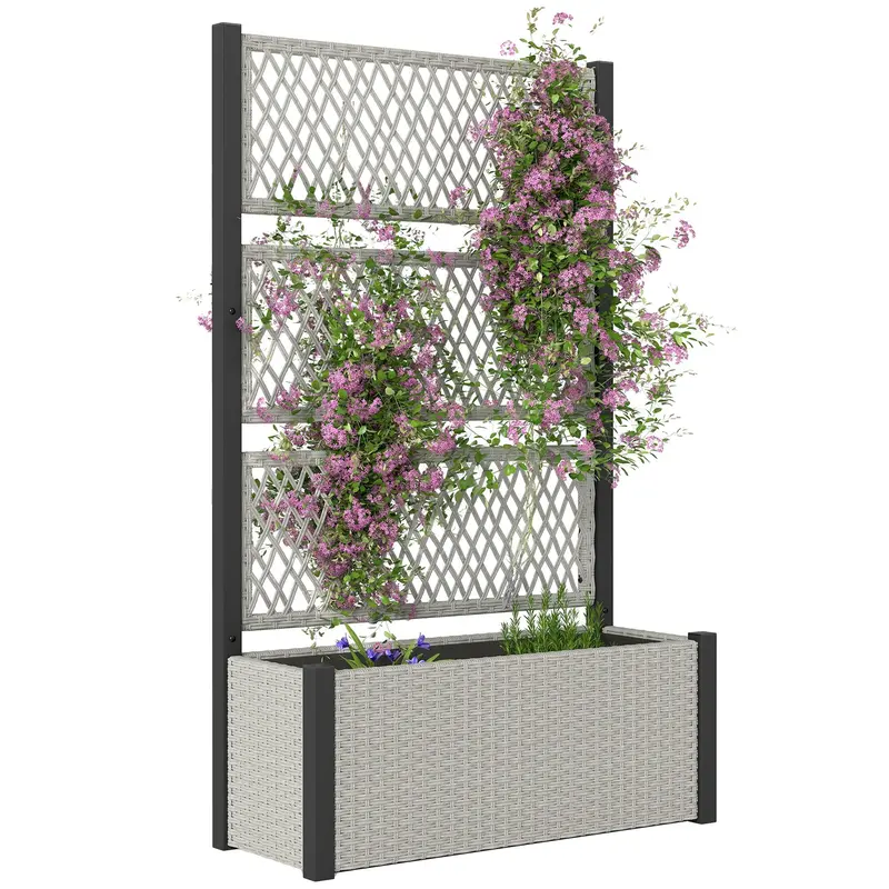 58" Wicker Outdoor Planter With Trellis And Privacy Screen, Mixed Grey 1