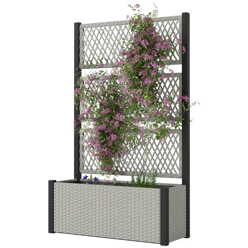 58" Wicker Outdoor Planter With Trellis And Privacy Screen, Mixed Grey 2