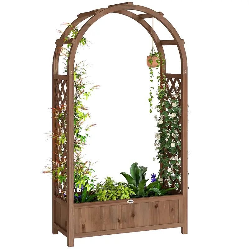 59.8" Raised Garden Bed With Arch Trellis For Climbing Plants, Dark Brown 1