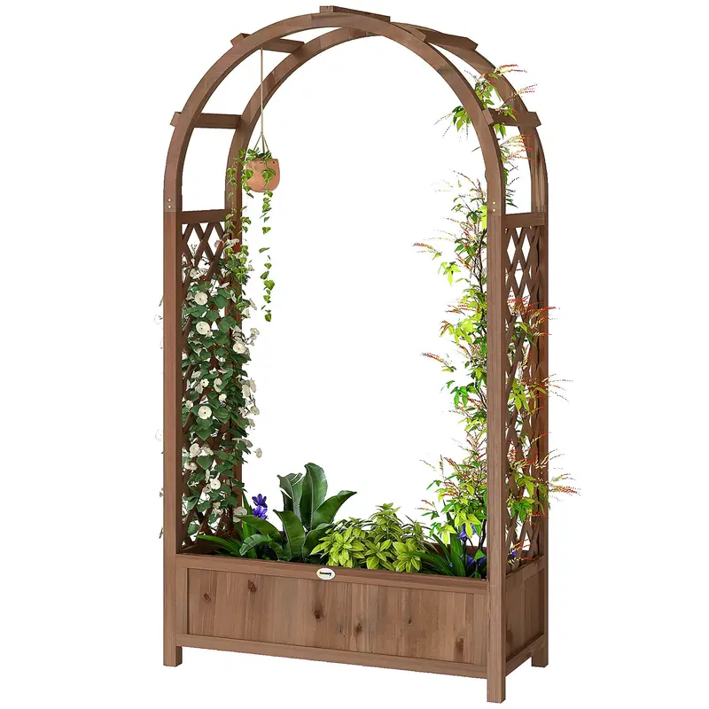 59.8" Raised Garden Bed With Arch Trellis For Climbing Plants, Dark Brown 2