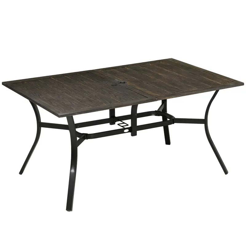 59" Outdoor Dining Table For 6 With Parasol Hole, Steel Frame & Wood Grain Tabletop, Brown 1