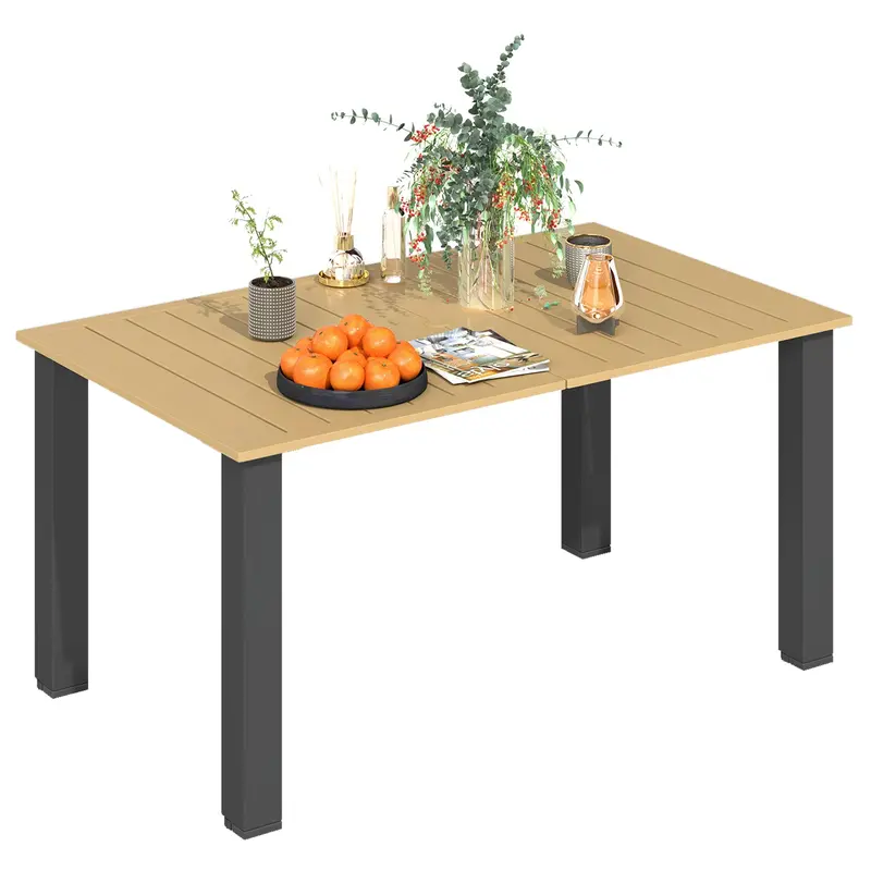 59" Outdoor Patio Table With Umbrella Hole & Slatted Tabletop For Backyard Garden, Brown 1