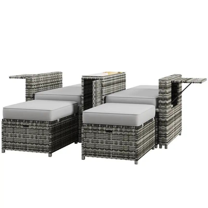 5Pc Outdoor Pe Rattan Lounger W/ 5-Level Back Position, Footstools & Storage Side Table,  Grey 1