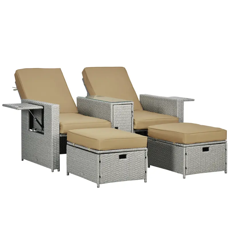 5Pc Outdoor Pe Rattan Lounger W/ 5-Level Back Position, Footstools & Storage Side Table, Khaki 1