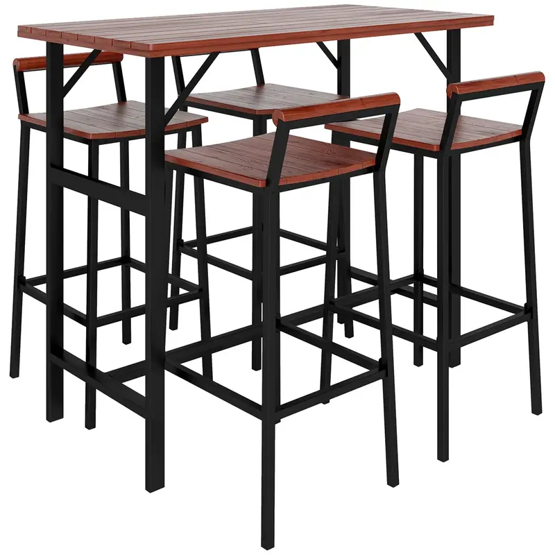 5Pc Patio Bar Set W/ 47" Bar Height Table & 4 Bar Stools, For Backyard, Balcony, Brown 1