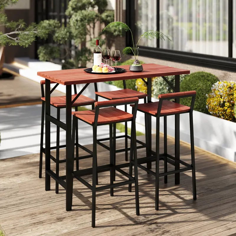5Pc Patio Bar Set W/ 47" Bar Height Table & 4 Bar Stools, For Backyard, Balcony, Brown 2