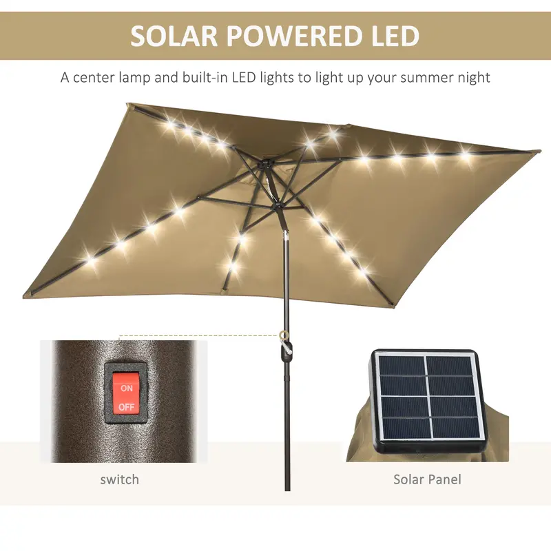 6.5' X 10' Solar Rectangle Market Umbrella With Leds, Light Coffee 2