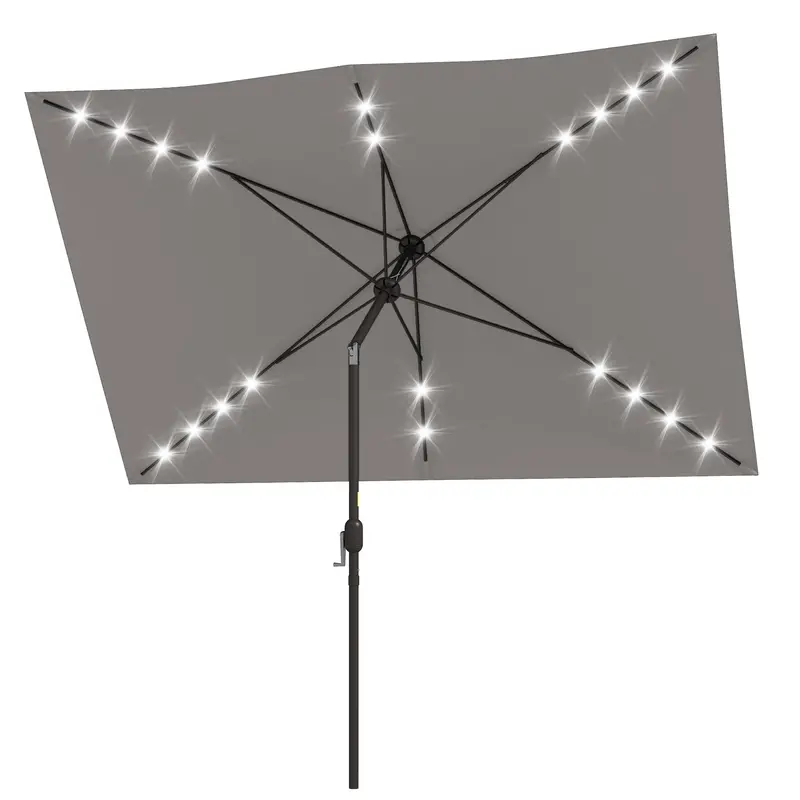 6.5' X 10' Solar Rectangle Market Umbrella With Leds, Light Grey 1