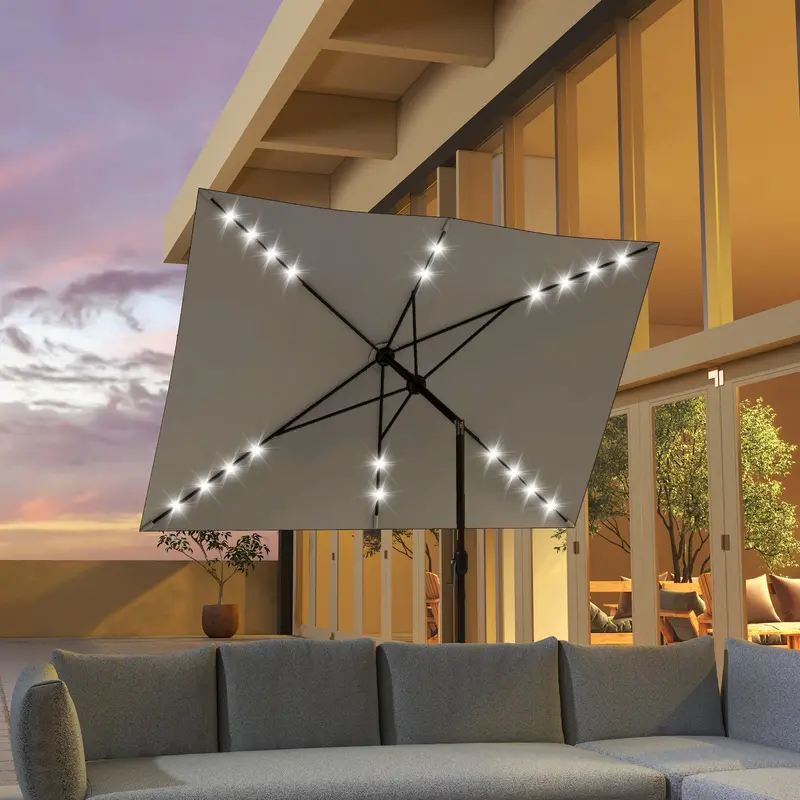 6.5' X 10' Solar Rectangle Market Umbrella With Leds, Light Grey 2