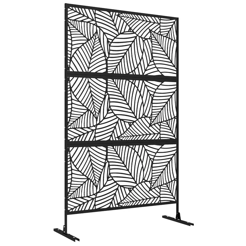 6.5Ft Decorative Outdoor Divider, Metal Privacy Screen With Stand, Large Leaf Style, Black 1