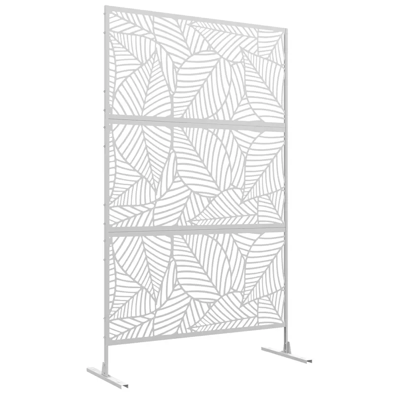 6.5Ft Decorative Outdoor Divider, Metal Privacy Screen With Stand, Large Leaf Style, White 1