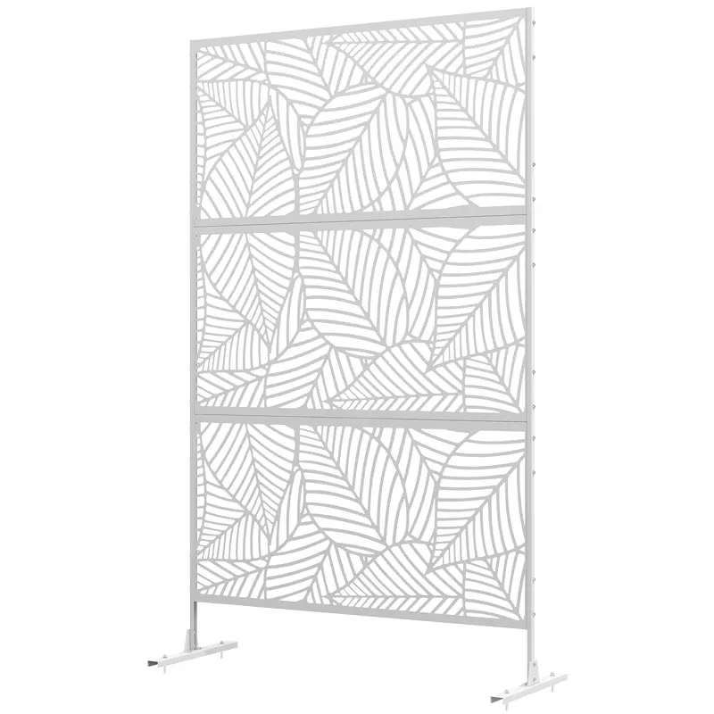 6.5Ft Decorative Outdoor Divider, Metal Privacy Screen With Stand, Large Leaf Style, White 2