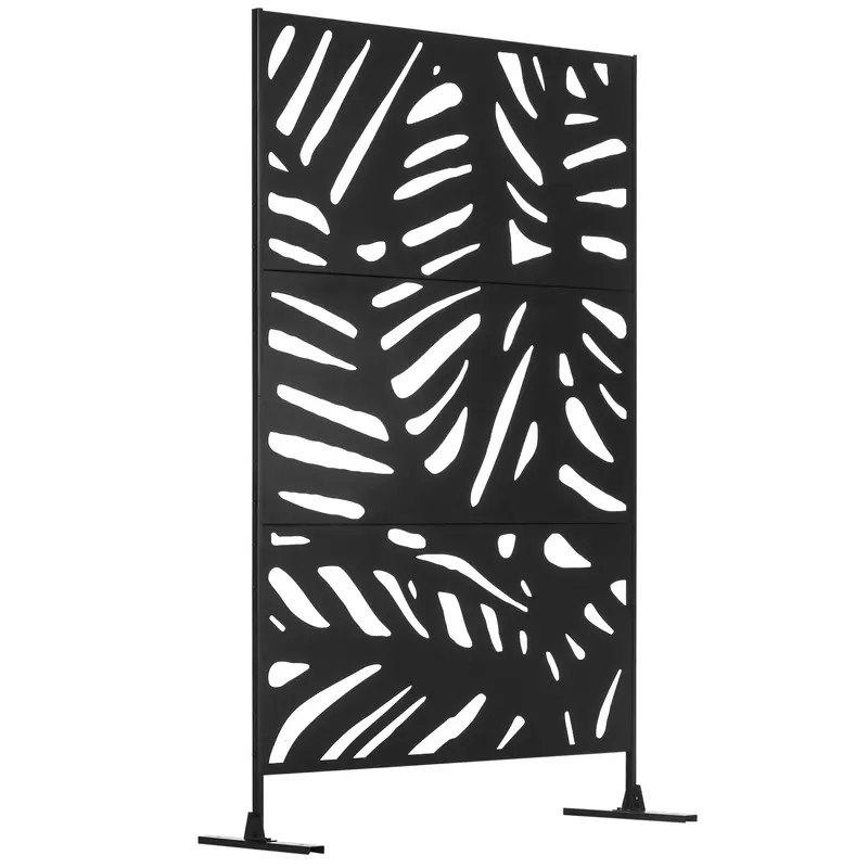 6.5Ft Decorative Outdoor Divider, Metal Privacy Screen With Stand, Leaf Style, Black 1