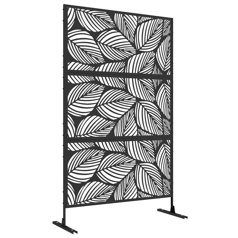 6.5Ft Decorative Outdoor Divider, Metal Privacy Screen With Stand, Leaf Style, Black 1