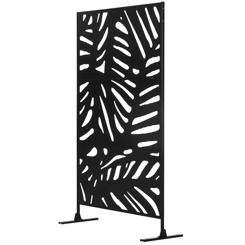 6.5Ft Decorative Outdoor Divider, Metal Privacy Screen With Stand, Leaf Style, Black 2