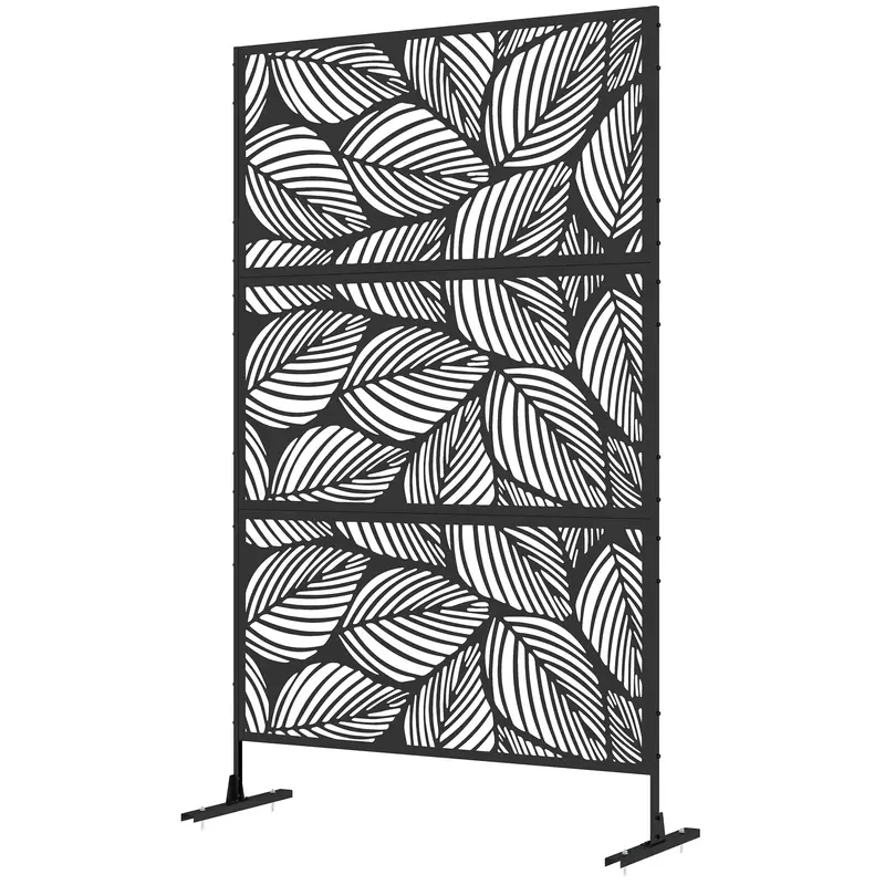6.5Ft Decorative Outdoor Divider, Metal Privacy Screen With Stand, Leaf Style, Black 2