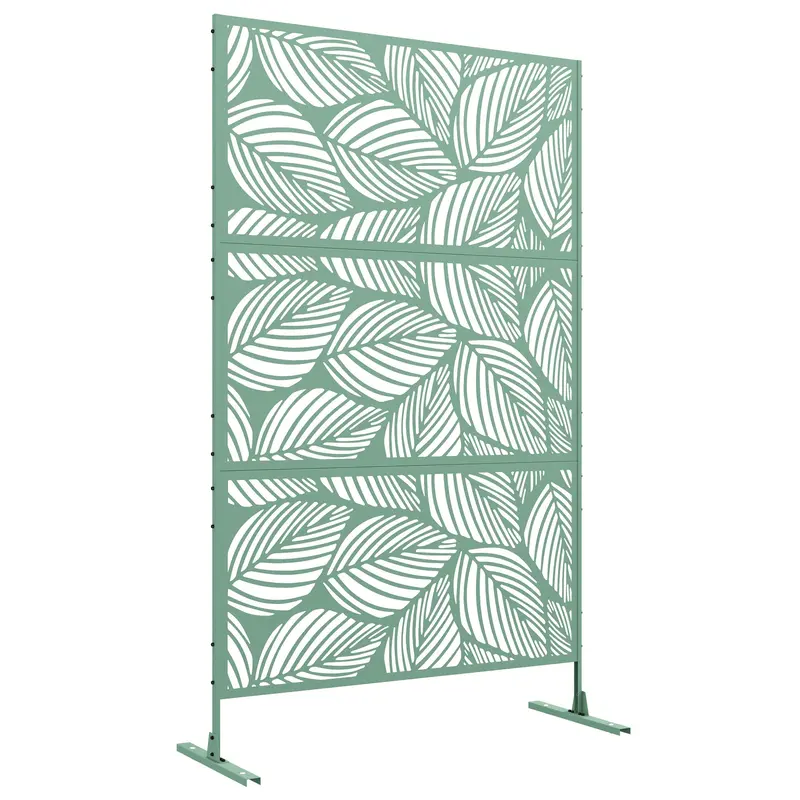 6.5Ft Decorative Outdoor Divider, Metal Privacy Screen With Stand, Leaf Style, Light Green 1