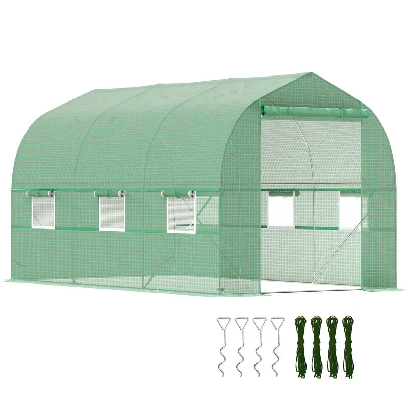 6.6' X 11' X 7' Walk-In Greenhouse With Roll-Up Door & 6 Mesh Windows, Green 1