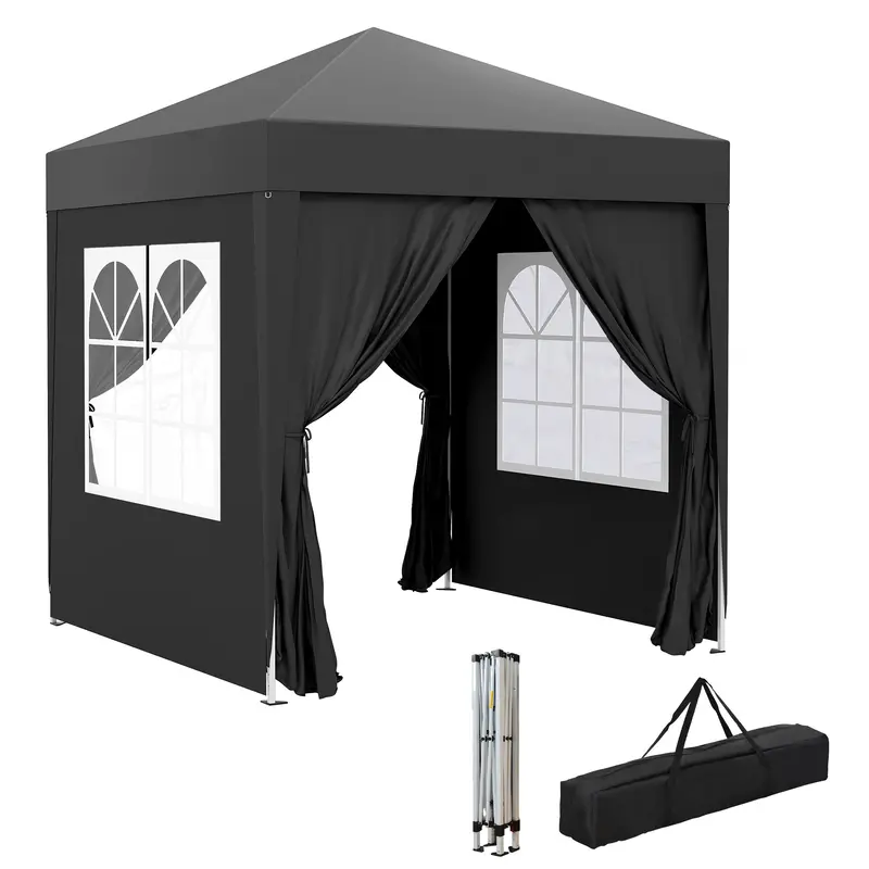 6.6' X 6.6' Pop Up Canopy Tent With Sidewalls And Carry Bag, Black 1