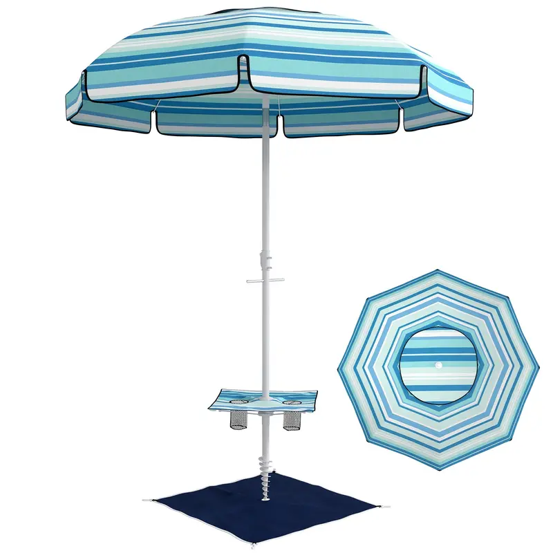 6 Ft Portable Beach Umbrella With Foldable Table And Cup Holders, Dark Blue 1