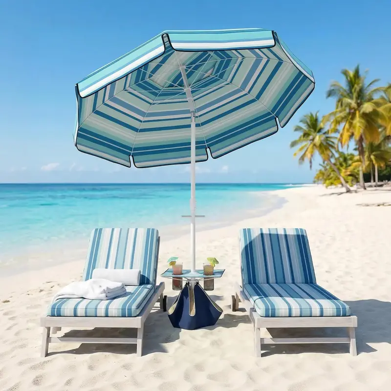 6 Ft Portable Beach Umbrella With Foldable Table And Cup Holders, Dark Blue 2
