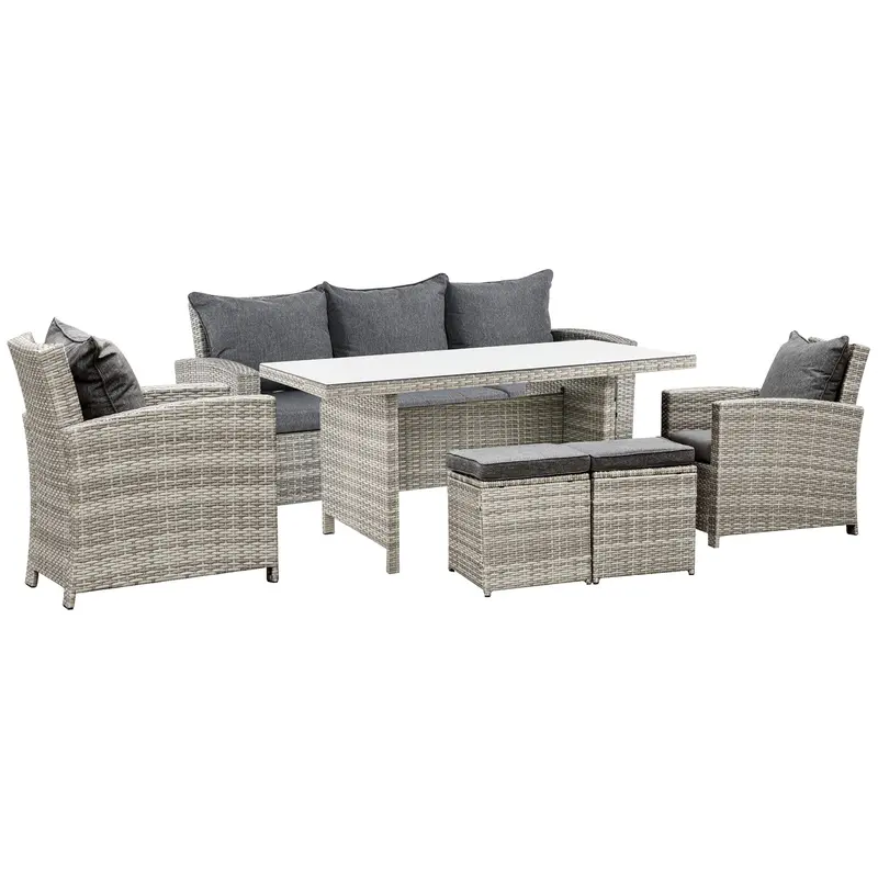 6 Pcs Rattan Outdoor Furniture Set With 3 Seater Sofa, Footstools & Table, Light Grey 1