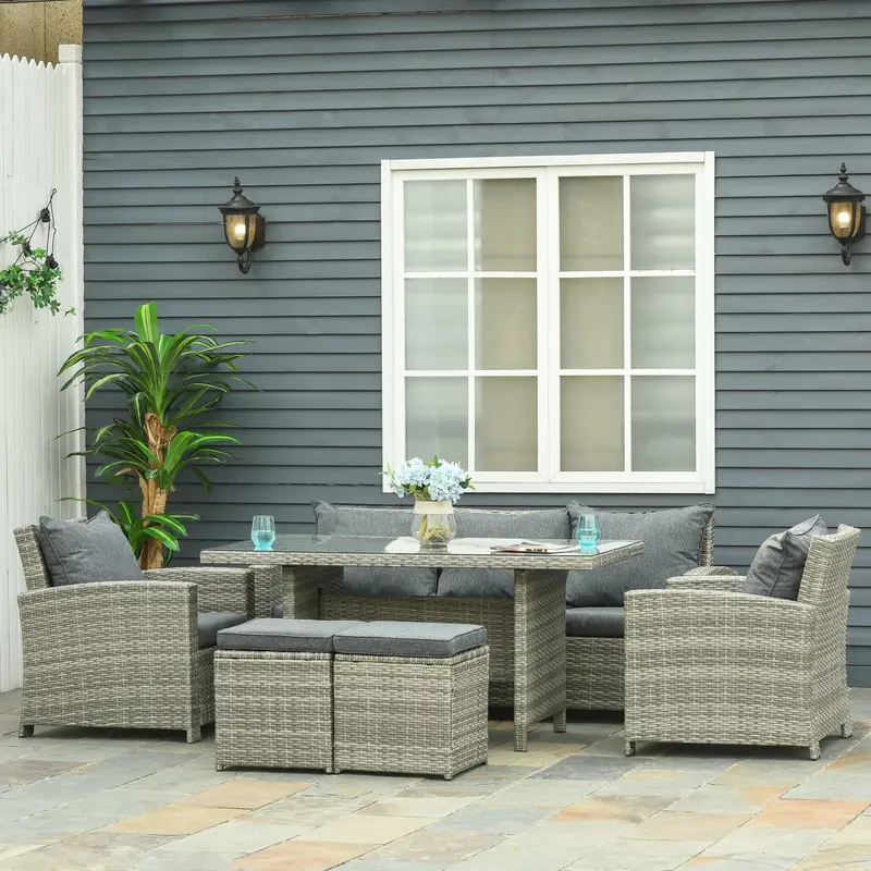 6 Pcs Rattan Outdoor Furniture Set With 3 Seater Sofa, Footstools & Table, Light Grey 2