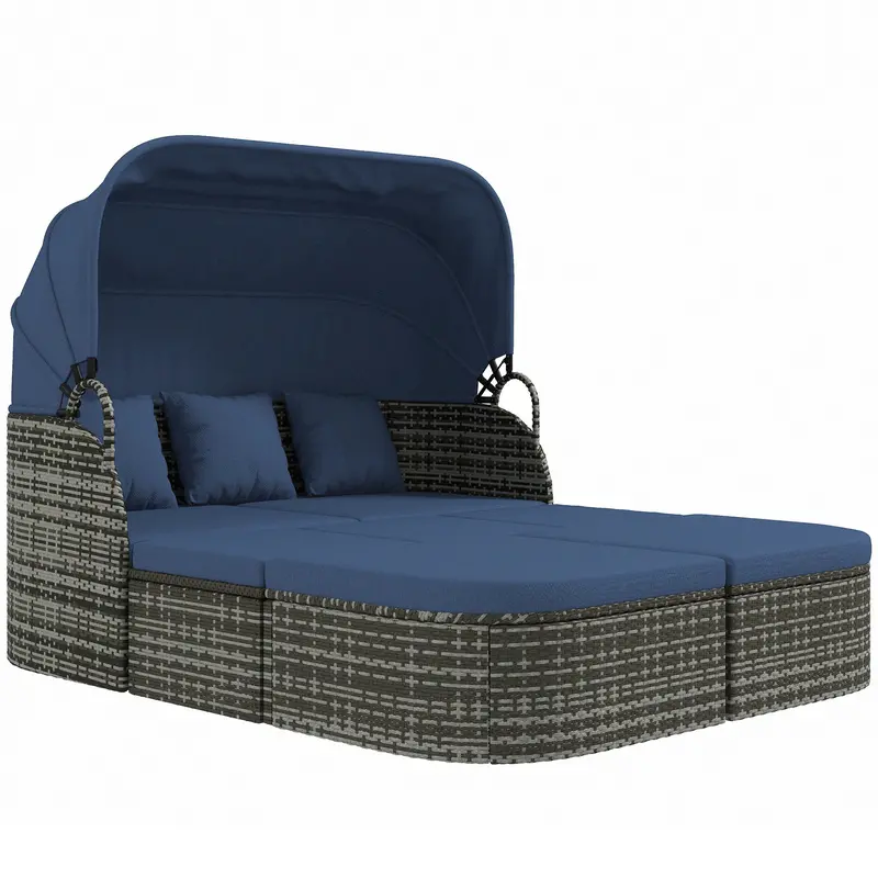 6-Piece Pe Rattan Outdoor Daybed With Footstools, Canopy & Lift Up Coffee Table, Navy Blue 1