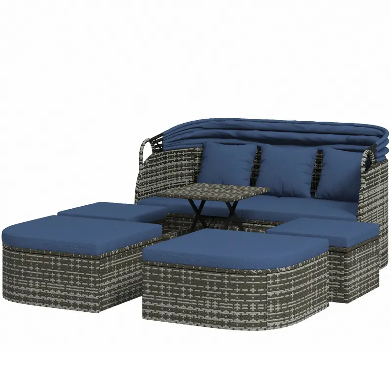 6-Piece Pe Rattan Outdoor Daybed With Footstools, Canopy & Lift Up Coffee Table, Navy Blue 2