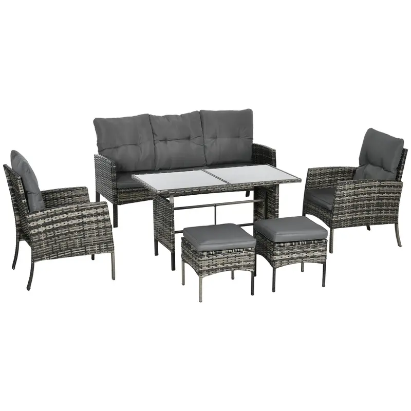 6 Piece Wicker Rattan Patio Furniture Set With Ottomans, Glass Top Table & Cushions, Grey 1