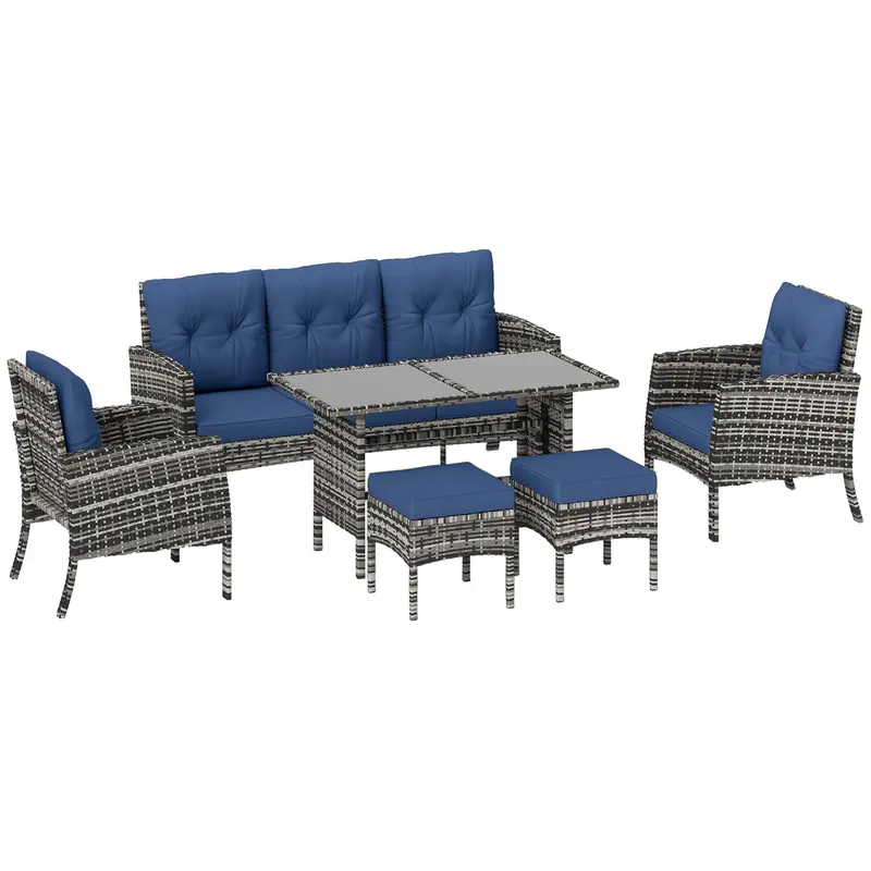 6 Piece Wicker Rattan Patio Set With Ottomans, Glass Top Table & Cushions, Navy Blue 1