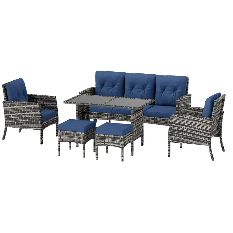 6 Piece Wicker Rattan Patio Set With Ottomans, Glass Top Table & Cushions, Navy Blue 2