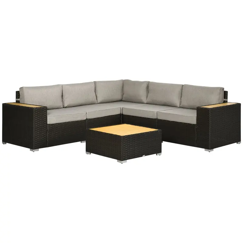 6 Pieces Outdoor Rattan Furniture Set W/ Wood Corner Sofa & Coffee Table, Light Grey 1