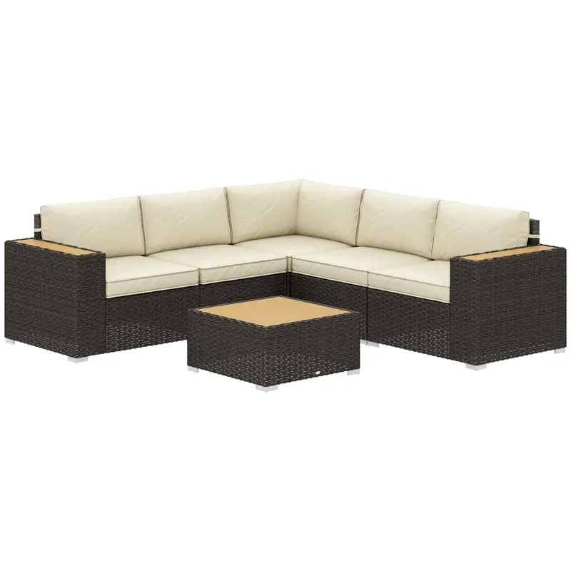 6 Pieces Outdoor Rattan Furniture Set W/ Wood Corner Sofa & Coffee Table, Light Khaki 1