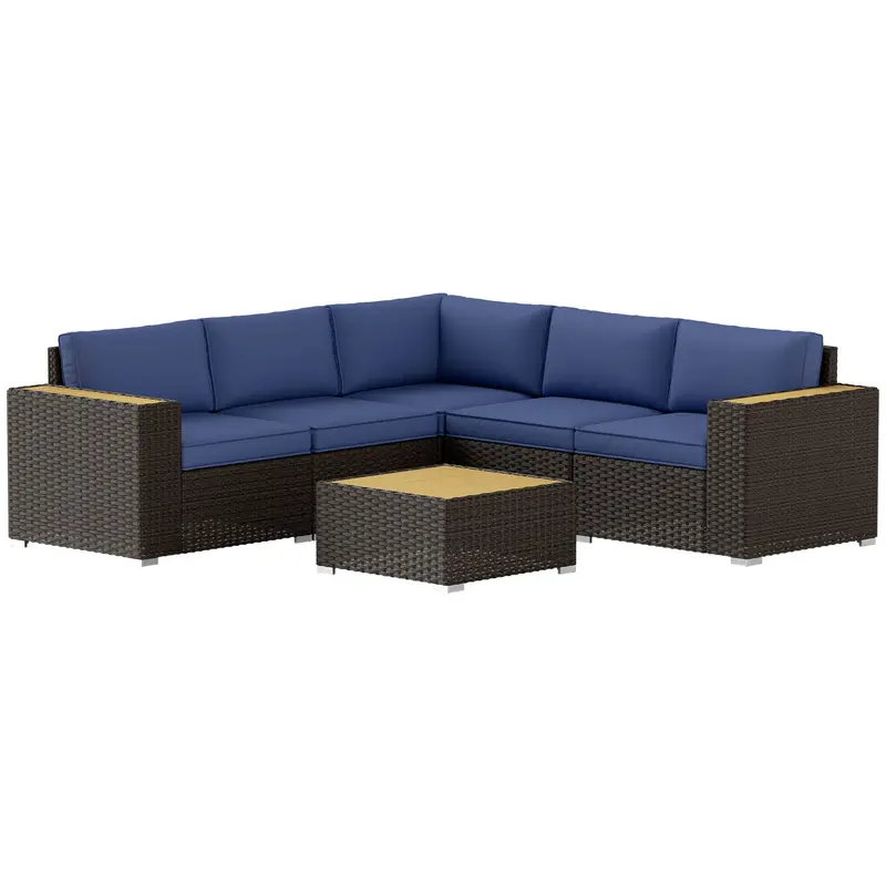 6 Pieces Outdoor Rattan Furniture Set W/ Wood Corner Sofa & Coffee Table, Navy Blue 1
