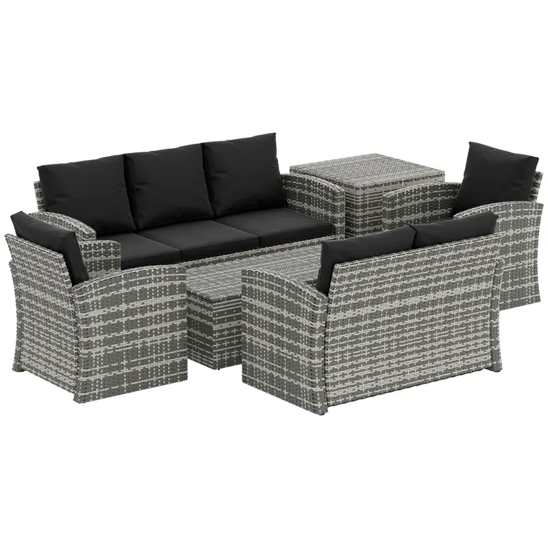 6 Pieces Wicker Patio Furniture Set, 7-Seater Rattan Sofa Set With Storage Table, Black 1