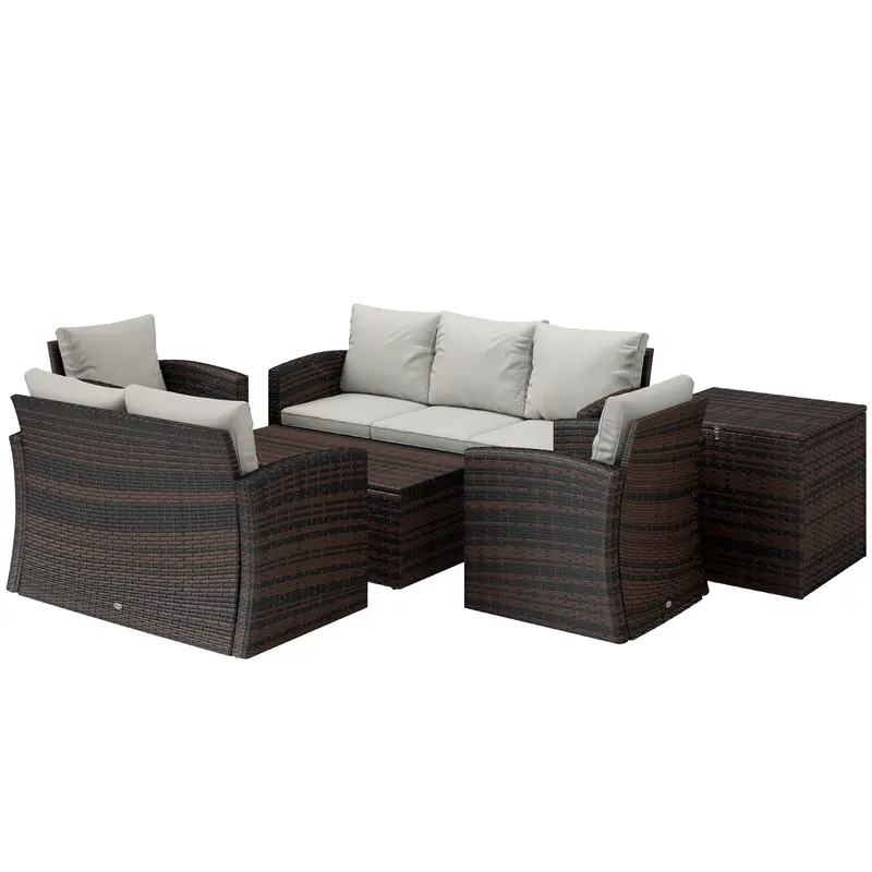 6 Pieces Wicker Patio Furniture Set, 7-Seater Rattan Sofa Set With Storage Table, Cream White 2