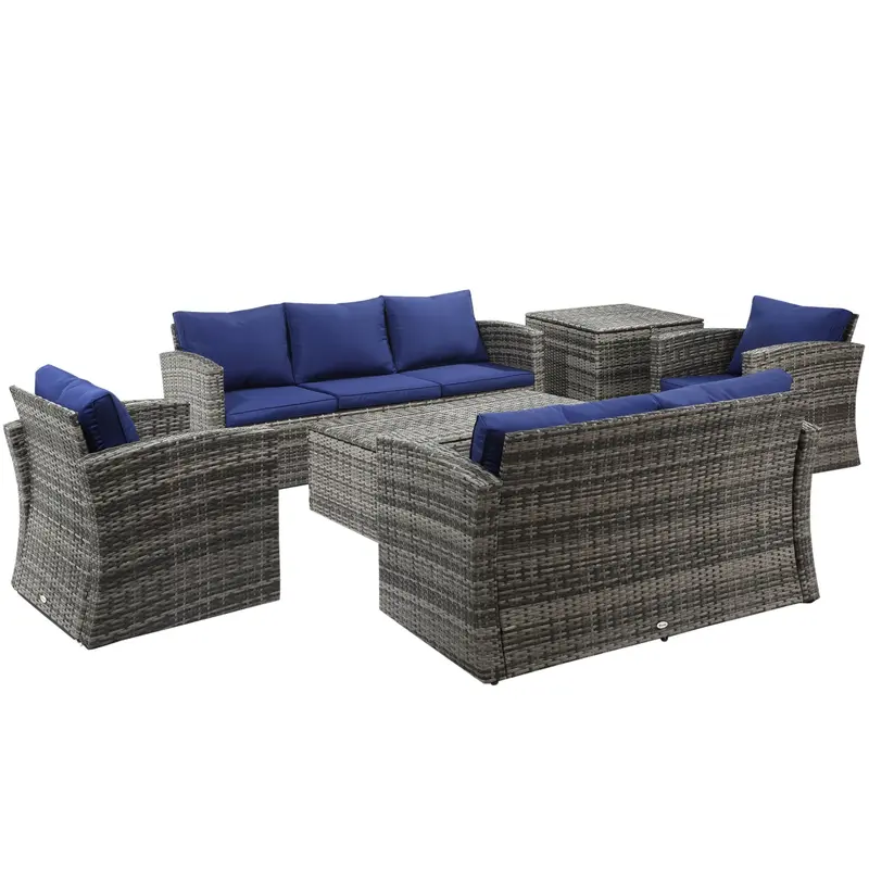 6 Pieces Wicker Patio Furniture Set, 7-Seater Rattan Sofa Set With Storage Table, Navy Blue 1