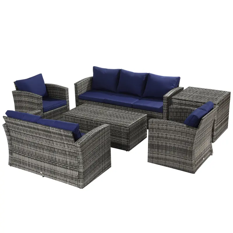 6 Pieces Wicker Patio Furniture Set, 7-Seater Rattan Sofa Set With Storage Table, Navy Blue 2