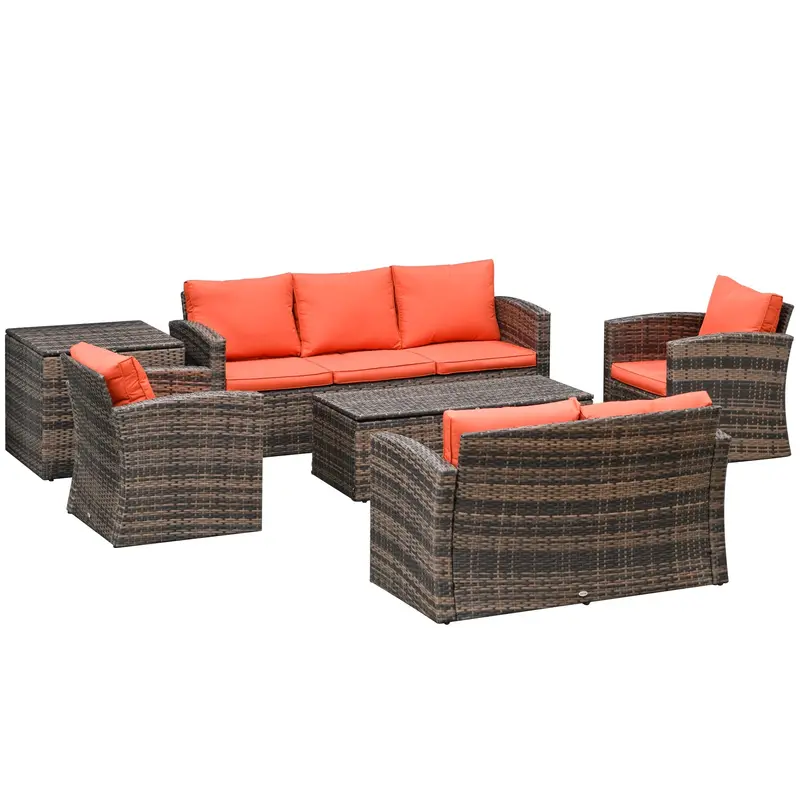 6 Pieces Wicker Patio Furniture Set, 7-Seater Rattan Sofa Set With Storage Table, Orange 1