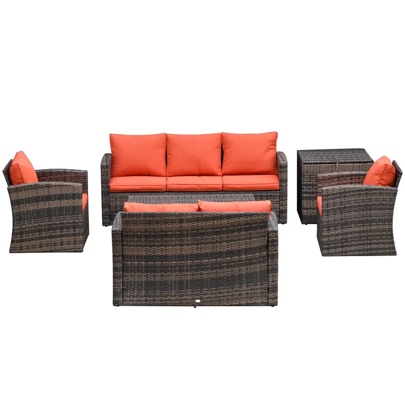 6 Pieces Wicker Patio Furniture Set, 7-Seater Rattan Sofa Set With Storage Table, Orange 2