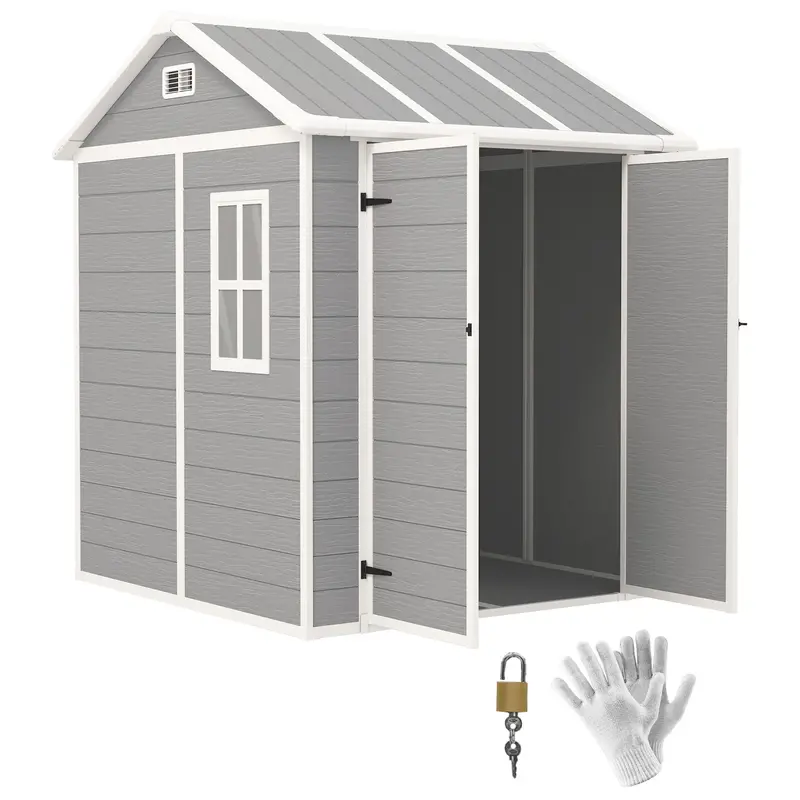 6' X 6' Resin Plastic Outdoor Storage Shed With Floor, Window And Lockable Doors, Grey 1
