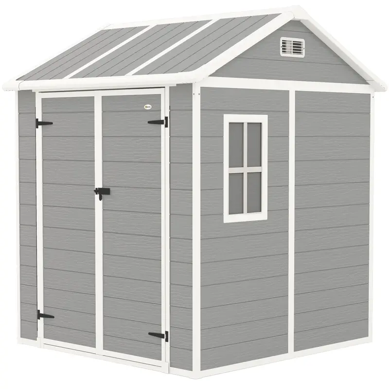 6' X 6' Resin Plastic Outdoor Storage Shed With Floor, Window And Lockable Doors, Grey 2