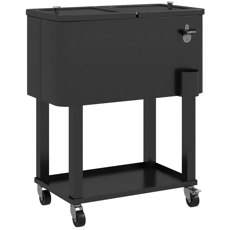60 Quart Rolling Patio Cooler Cart With Shelf And Bottle Opener, Black 1