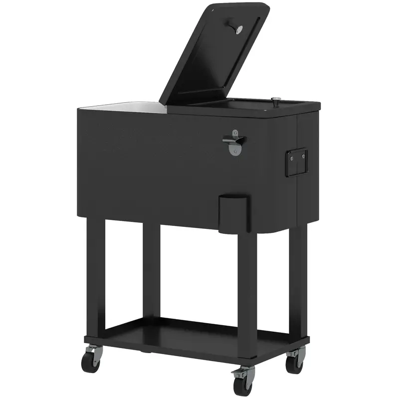 60 Quart Rolling Patio Cooler Cart With Shelf And Bottle Opener, Black 2